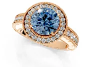 Milgrain Halo Engagement Ring Setting for Fancy Blue Round Cut Center with Pave Band and Prong Head in Rose Gold
