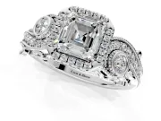 Milgrain Halo Engagement Ring Setting for Asscher Cut Center with Shoulder Bezels and Prong Head in Sterling Silver