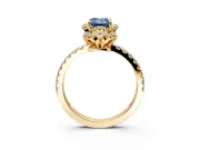 Halo Engagement Ring Setting for Fancy Blue Emerald Cut Center with Openwork Halo, Pave Band and Prong Head in Yellow Gold
