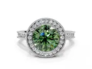 Halo Engagement Ring Setting for Fancy Green Round Cut Center with Milgrain Pave Band and Bezel Head in Platinum