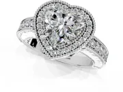 Milgrain Halo Engagement Ring Setting for Heart-Shaped Center with Pave Band and Prong Head in Platinum