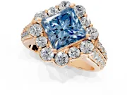 Large Accent Halo Engagement Ring Setting for Fancy Blue Princess Cut Center with Pave Split Shank and Prong Head in Rose Gold