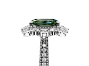 Milgrain Halo Engagement Ring Setting for Fancy Green Emerald Cut Center with Bezel Point Accents and Prong Head in Sterling Silver