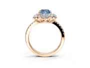 Floral Halo Engagement Ring Setting for Fancy Blue Cushion Cut Center with Pave Accents and Prong Head in Rose Gold
