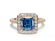 Halo Engagement Ring Setting for Fancy Blue Asscher Cut Center with Pave Accents, Heart Basket and Prong Head in Rose Gold