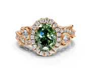 Milgrain Halo Engagement Ring Setting for Fancy Green Oval Center with Shoulder Bezels and Prong Head in Rose Gold