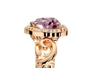 Halo Engagement Ring Setting for Fancy Pink Heart-Shaped Center with Open Scroll Shoulders and Prong Head in Rose Gold
