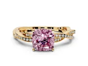 Solitaire Engagement Ring Setting for Fancy Pink Cushion Cut Center with Twisted Pave Band and Prong Head in Yellow Gold