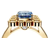 Cluster Halo Engagement Ring Setting for Fancy Blue Radiant Cut Center with Milgrain Bezel Accents and Prong Head in Yellow Gold