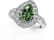 Bezel-Framed Halo Engagement Ring Setting for Fancy Green Pear-Shaped Center with Pave Band and Prong Head in Platinum