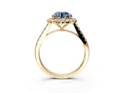Halo Engagement Ring Setting for Fancy Blue Round Cut Center with Narrowing Pave Band and Prong Head in Yellow Gold
