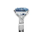 3 Stone Engagement Ring Setting for Fancy Blue Radiant Cut Center with Tapered Baguettes, Plain Band and Prong Head in Sterling Silver