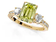 3 Stone Engagement Ring Setting for Fancy Yellow Emerald Cut Center with Round Cut Side Accents and Prong Head in Yellow Gold