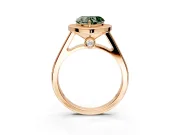 Halo Engagement Ring Setting for Fancy Green Heart-Shaped Center with Outer Bezel Rim, Pave Band and Prong Head in Rose Gold