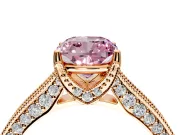 Solitaire Engagement Ring Setting for Fancy Pink Cushion Cut Center with Milgrain-Framed Pave Band and Prong Head in Rose Gold