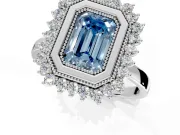 Halo Engagement Ring Setting for Fancy Blue Emerald Cut Center with Milgrain Bezel Rim, Plain Band and Prong Head in White Gold
