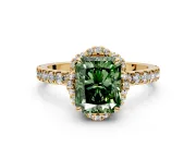 Halo Engagement Ring Setting for Fancy Green Radiant Cut Center with Openwork Halo, Pave Band and Prong Head in Yellow Gold