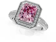 Milgrain Halo Engagement Ring Setting for Fancy Pink Radiant Cut Center with Three-Sided Pave Band and Prong Head in White Gold