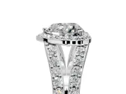 Halo Engagement Ring Setting for Heart-Shaped Center with Narrow Pave Split Shank and Prong Head in White Gold