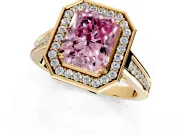 Halo Engagement Ring Setting for Fancy Pink Radiant Cut Center with Outer Bezel Rim, Pave Band and Prong Head in Yellow Gold