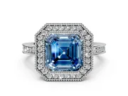 Halo Engagement Ring Setting for Fancy Blue Asscher Cut Center with Milgrain Halo, Pave Band and Prong Head in White Gold