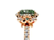 Halo Engagement Ring Setting for Fancy Green Radiant Cut Center with Openwork Halo, Pave Band and Prong Head in Rose Gold
