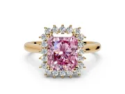 Starburst Halo Engagement Ring Setting for Fancy Pink Radiant Cut Center with Thin Round-Wire Band and Prong Head in Yellow Gold