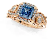 Milgrain Halo Engagement Ring Setting for Fancy Blue Asscher Cut Center with Shoulder Bezels and Prong Head in Rose Gold