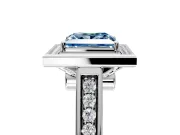 Halo Engagement Ring Setting for Fancy Blue Princess Cut Center with Outer Bezel Rim, Pave Band and Prong Head in Platinum