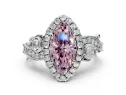Milgrain Halo Engagement Ring Setting for Fancy Pink Marquise Center with Shoulder Bezels and Prong Head in White Gold