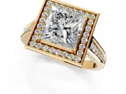 Halo Engagement Ring Setting for Princess Cut Center with Outer Bezel Rim, Pave Band and Prong Head in Yellow Gold