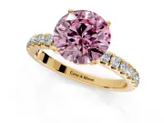 Open Basket Engagement Ring Setting for Fancy Pink Round Cut Center with Pave Band and Prong Head in Yellow Gold