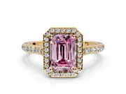 Halo Engagement Ring Setting for Fancy Pink Emerald Cut Center with Pave Accents, Heart Basket and Prong Head in Yellow Gold