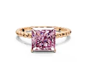 Solitaire Engagement Ring Setting for Fancy Pink Princess Cut Center with Plain Twisted Rope Band and Prong Head in Rose Gold