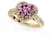 Halo Engagement Ring Setting for Fancy Pink Heart-Shaped Center with Full Pave Band and Prong Head in Yellow Gold