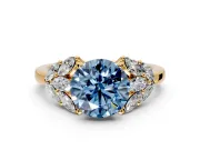 Leaf Cluster Engagement Ring Setting for Fancy Blue Round Cut Center with Marquise Accents and Prong Head in Yellow Gold