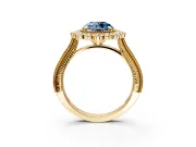 Milgrain Halo Engagement Ring Setting for Fancy Blue Round Cut Center with Bezel Point Accents and Prong Head in Yellow Gold