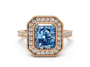 Halo Engagement Ring Setting for Fancy Blue Radiant Cut Center with Milgrain Frame, Pave Band and Prong Head in Rose Gold