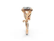 Halo Engagement Ring Setting for Radiant Cut Center with Leaf Motif Split Shank and Prong Head in Rose Gold