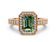 Milgrain Halo Engagement Ring Setting for Fancy Green Emerald Cut Center with Wide Pave Band and Prong Head in Rose Gold