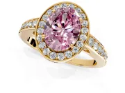 Bezel-Framed Halo Engagement Ring Setting for Fancy Pink Oval Center with Pave Band and Prong Head in Yellow Gold