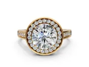 Halo Engagement Ring Setting for Round Cut Center with Outer Bezel Rim, Pave Band and Prong Head in Yellow Gold