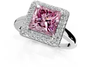 Halo Engagement Ring Setting for Fancy Pink Princess Cut Center with Plain Tapered Band and Prong Head in White Gold