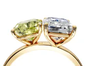 Fancy Yellow Cushion Cut and Emerald Cut Lab-Grown Diamond Toi et Moi Engagement Ring with Prong-Set Stones in Yellow Gold