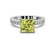Solitaire Engagement Ring Setting for Fancy Yellow Princess Cut Center with Milgrain-Edged Pave Band and Prong Head in White Gold