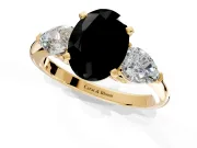 3 Stone Engagement Ring Setting for Fancy Black Oval Center with Large Pear-Shaped Accents and Prong Head in Yellow Gold