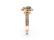 Halo Engagement Ring Setting for Fancy Green Heart-Shaped Center with Outer Bezel Rim, Pave Band and Prong Head in Rose Gold