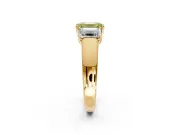 3 Stone Engagement Ring Setting for Fancy Yellow Emerald Cut Center with Raised Basket Heads and Prong Head in Yellow Gold