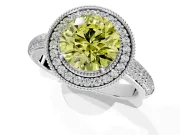 Milgrain Halo Engagement Ring Setting for Fancy Yellow Round Cut Center with Three-Sided Pave Band and Prong Head in White Gold