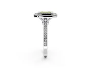 Halo Engagement Ring Setting for Fancy Yellow Emerald Cut Center with Milgrain Frame, Pave Band and Prong Head in Platinum